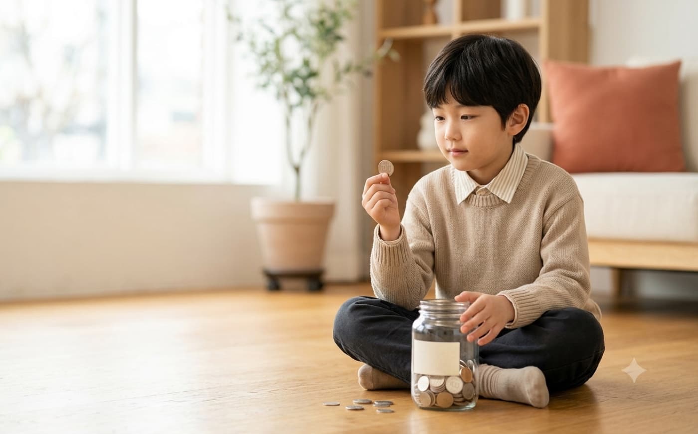 동전을 바라보며 생각하는 아이